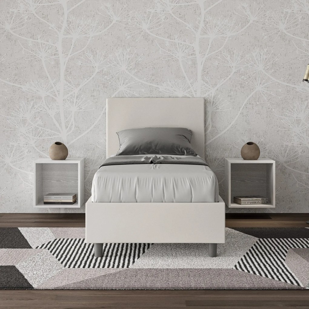 Letto singolo imbottito similpelle Adele senza rete, con rete e contenitore, Bianco / Contenitore