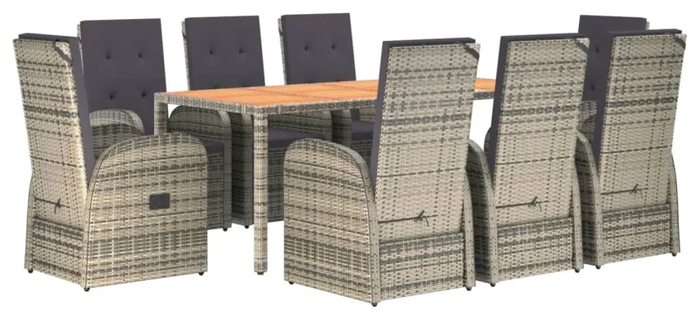 Set da pranzo da giardino 9 pz con cuscini in polyrattan grigio