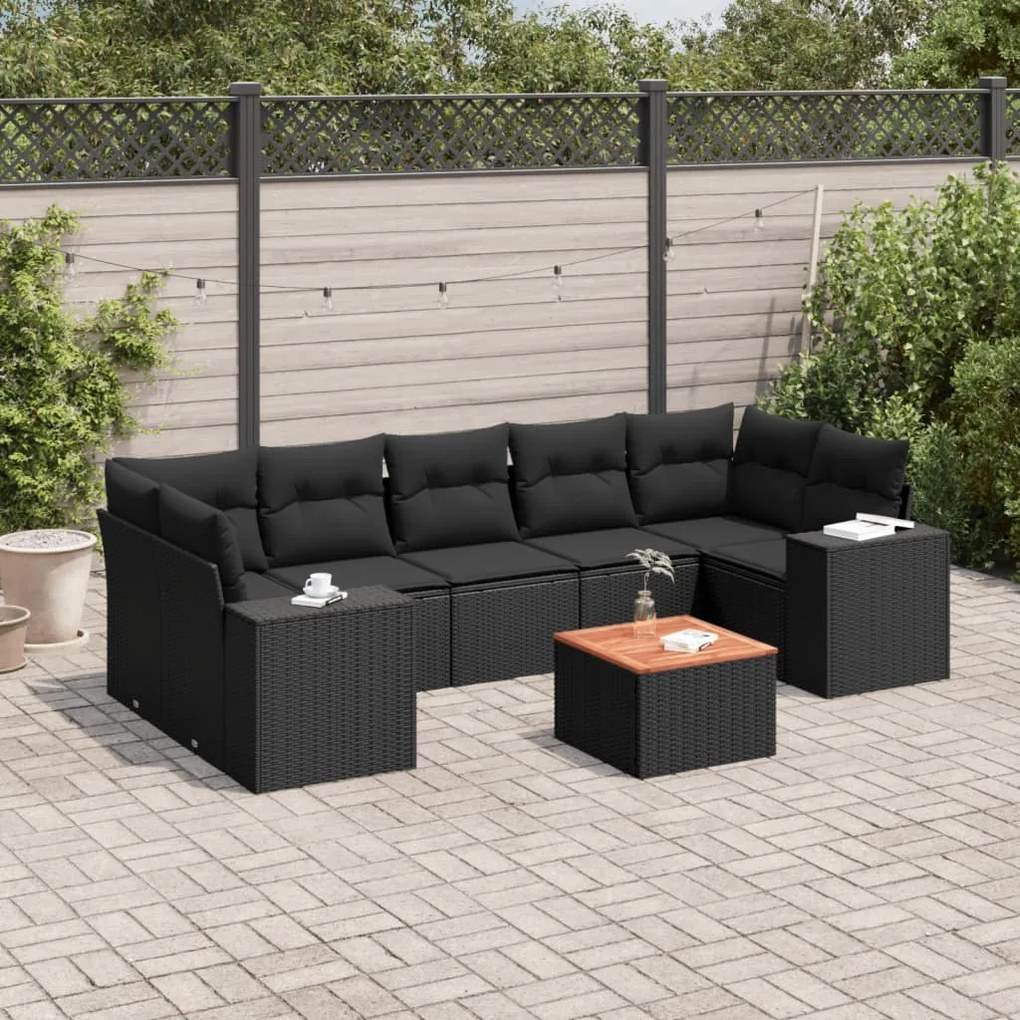 Set divani da giardino con cuscini 8 pz nero in polyrattan