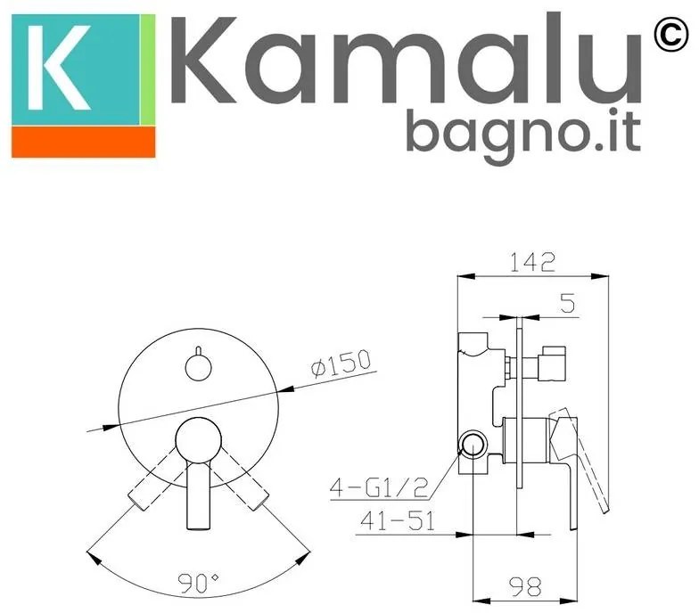 Kamalu - miscelatore doccia a incasso con deviatore finitura lucida | kam-t1000