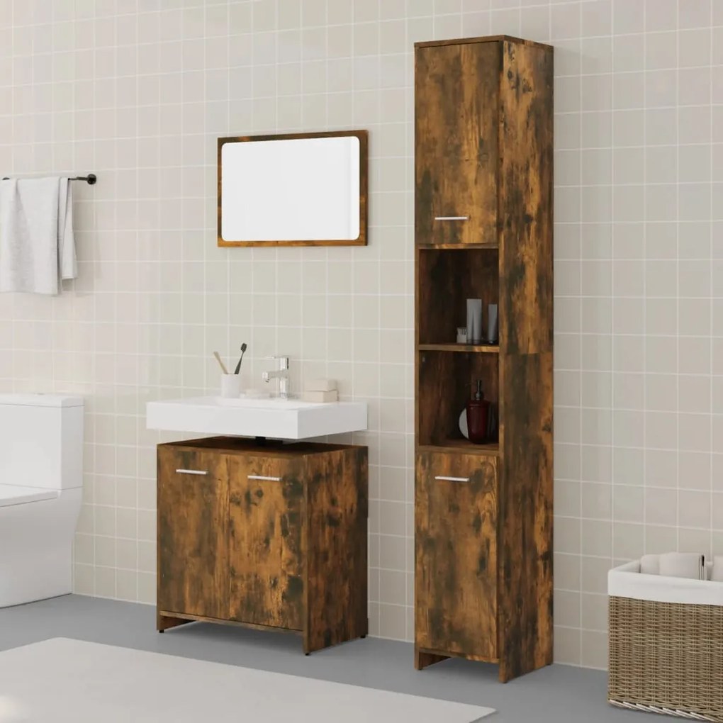 Set Mobili Da Bagno 3 Pz Rovere Fumo İn Legno Multistrato /