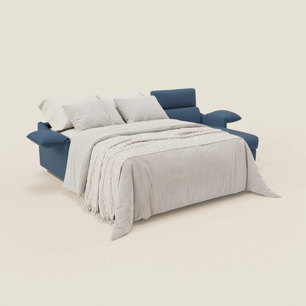 Violetta Divano Letto Angolare con Penisola contenitore, Poggiatesta e Materasso Alto H18 in tessuto impermeabile T13 blu