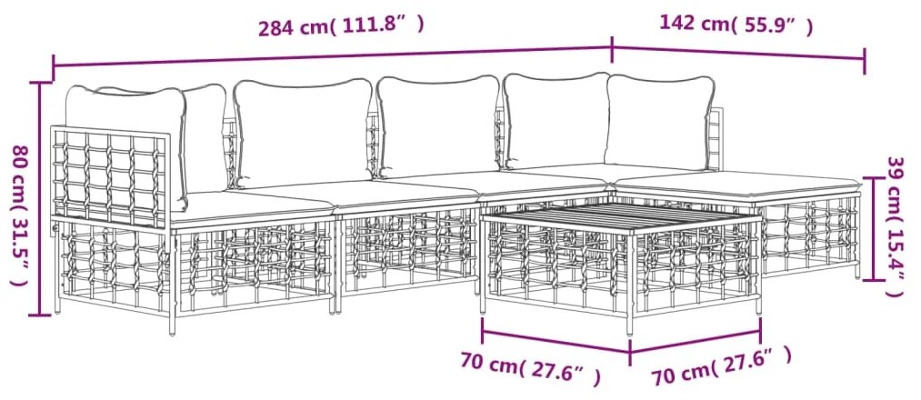 Set Divani da Giardino 6 pz con Cuscini Antracite in Polyrattan