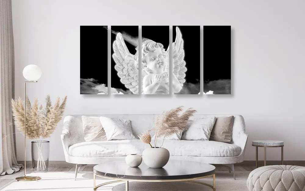 Quadri 5 pezzi – Angelo attento in bianco e nero nel cielo