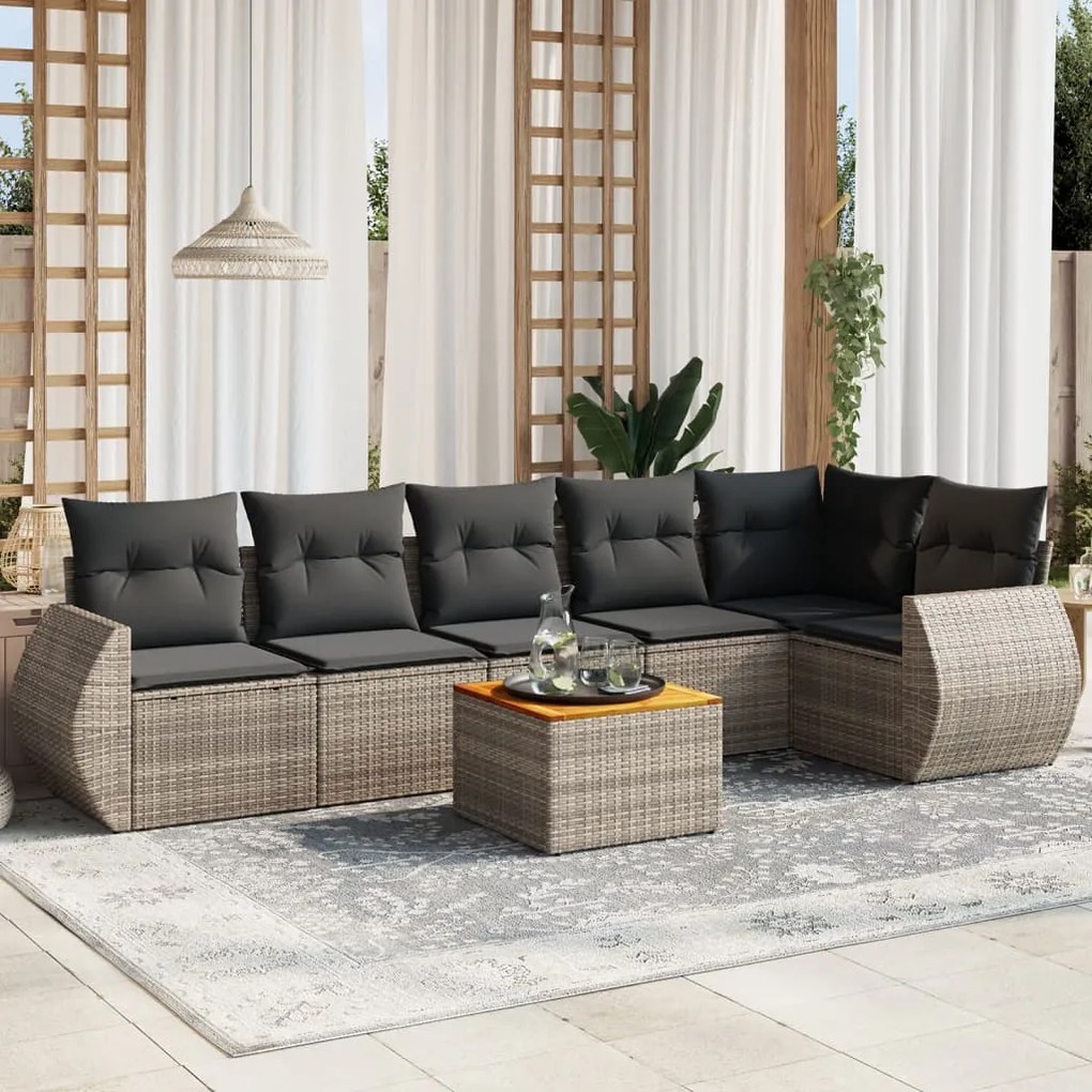 Set Divani da Giardino 7 pz con Cuscini Grigio in Polyrattan