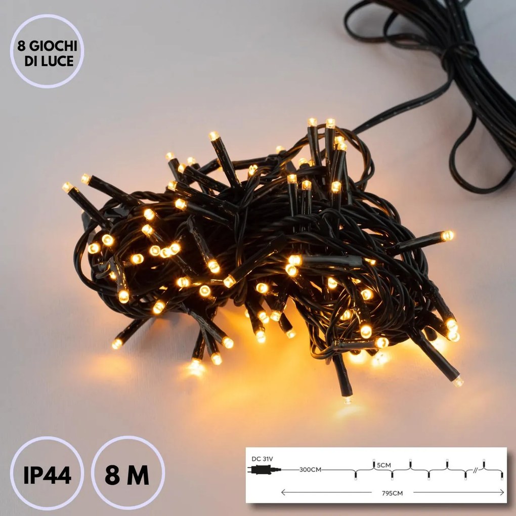 Catenaria Natalizia LED 8 GIOCHI DI LUCE 8m Cavo VERDE IP44 Colore Bianco Caldo 2200 - 2300 °K