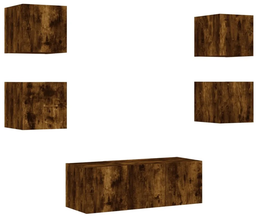 Mobili tv a muro con led 6pz rovere fumo in legno multistrato