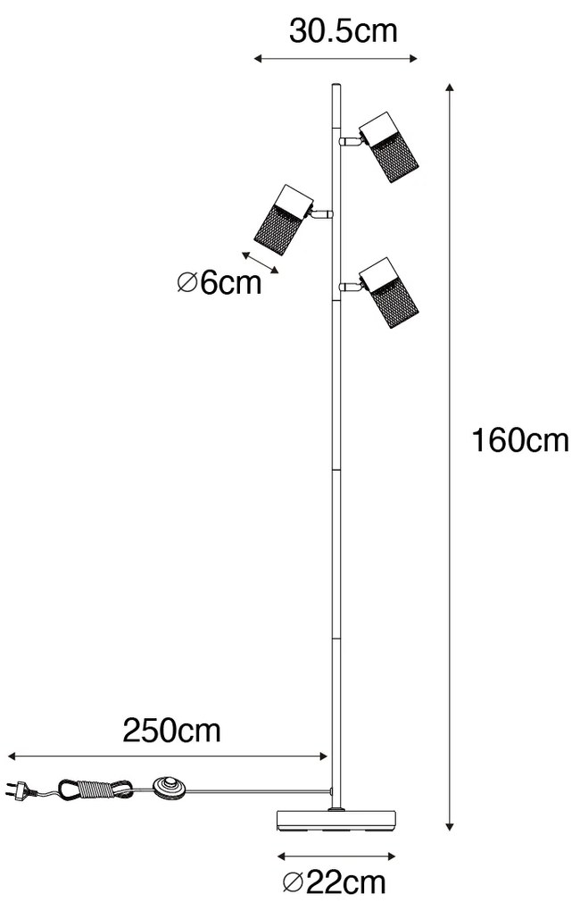 Lampada da terra industriale nera 3 luci - Jim