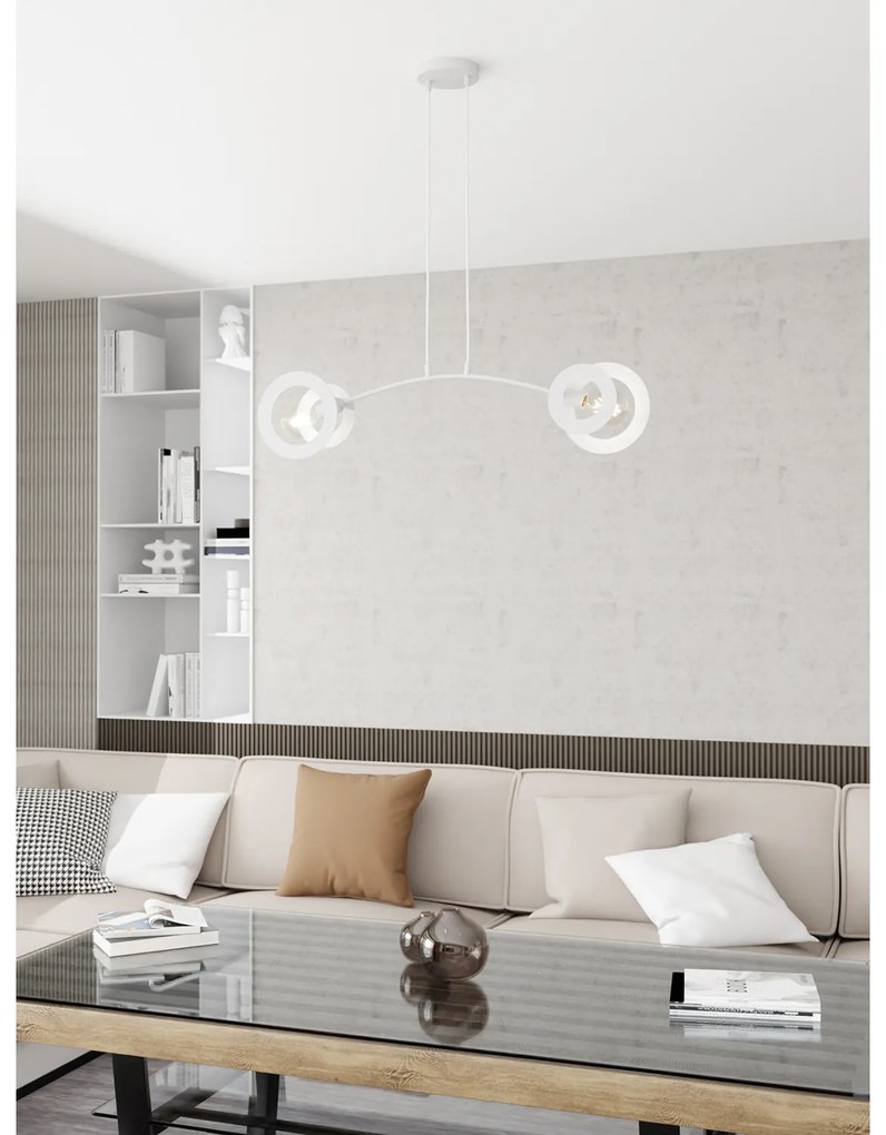 Lampadario 2 Luci Crono Acciaio Bianco A Bracci E Diffusori A Doppio Cerchio