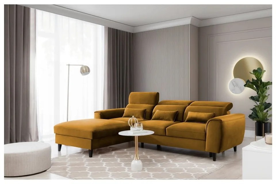 Divano angolare giallo allungabile/con contenitore (con penisola a sinistra/con chaise lounge) e rivestimento in velluto Foble – ELTAP