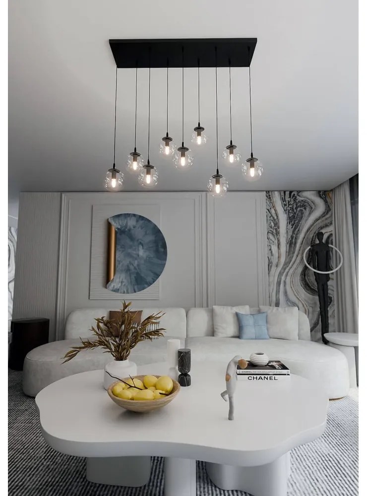 Lampadario a Sospensione in Acciaio e Vetro COSMO 9 Nero 9xE14 Colore delle Sfere Trasparente