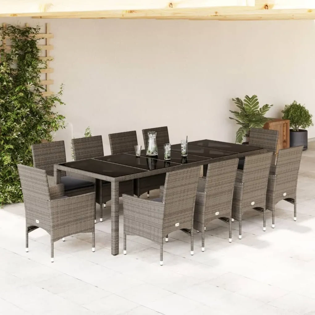 Set da pranzo da giardino 11pz con cuscini polyrattan e vetro