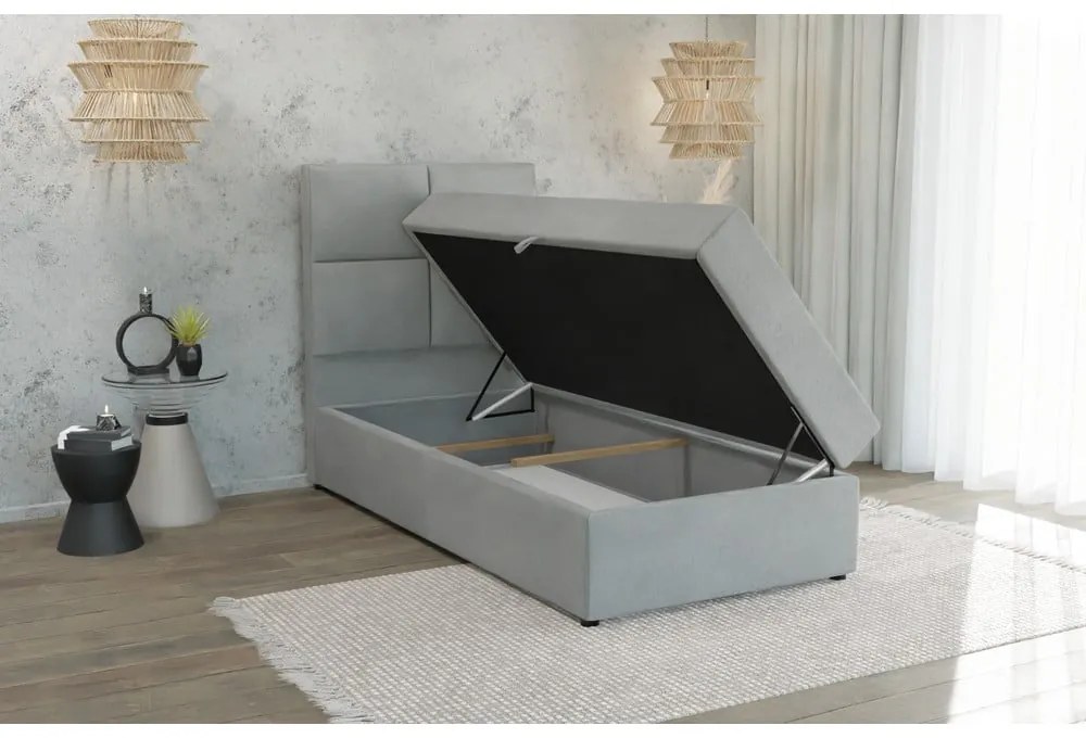 Letto singolo imbottito grigio chiaro con contenitore con griglia 100x200 cm Lena - Ropez