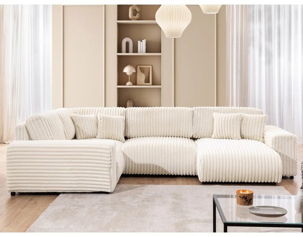 Divano angolare color crema (con penisola a sinistra/a U) rivestito in velluto a coste Justin – Ropez