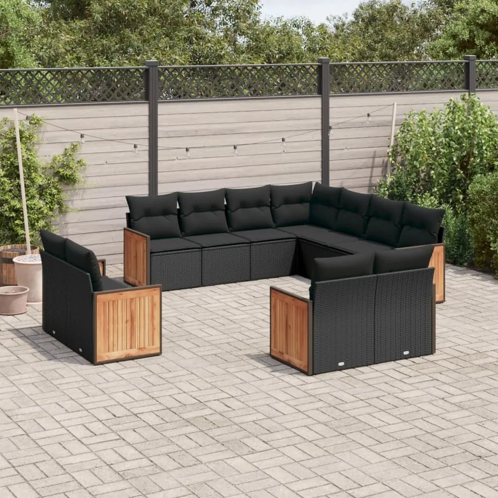 Set divani da giardino 11 pz con cuscini in polyrattan nero