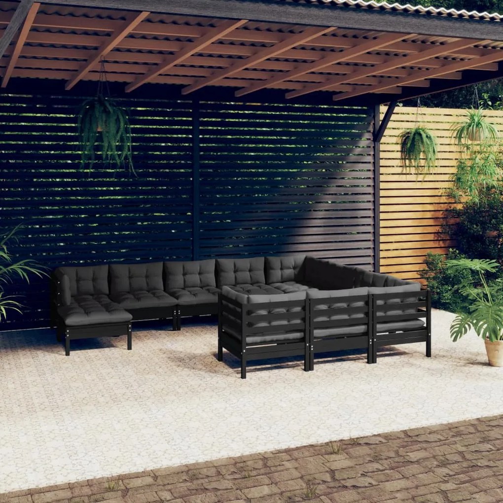 Set divani da giardino 11 pz con cuscini massello di pino nero