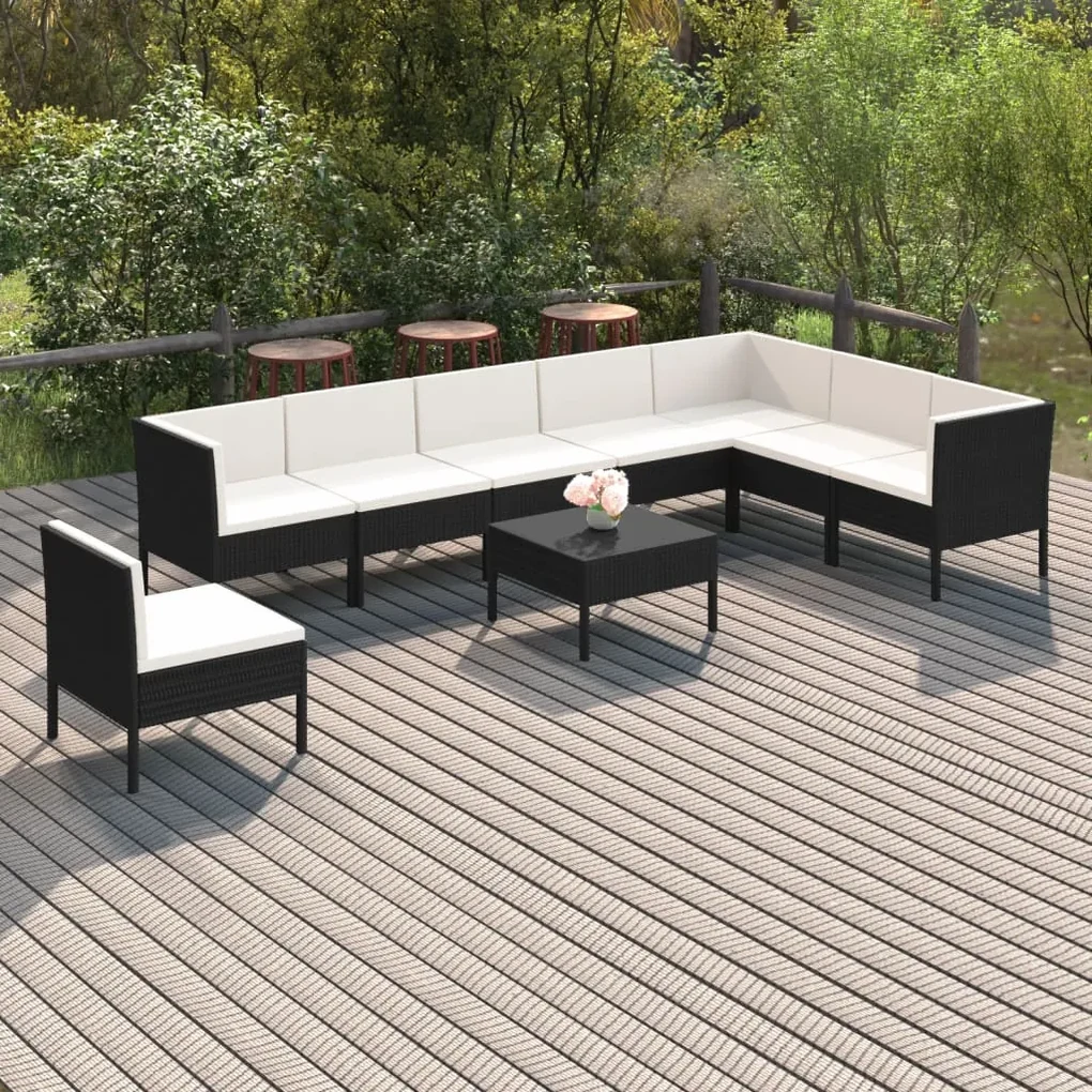 Set divani da giardino 9 pz con cuscini in polyrattan nero