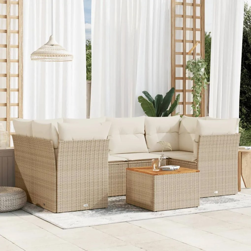 Set Divani da Giardino 7 pz con Cuscini Beige in Polyrattan