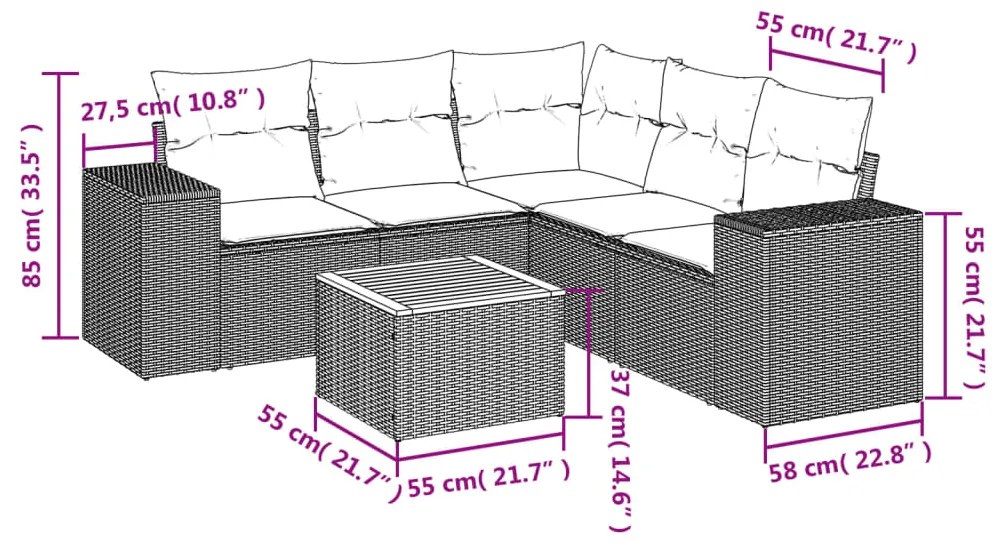 Set divano da giardino 6 pz con cuscini beige in polyrattan