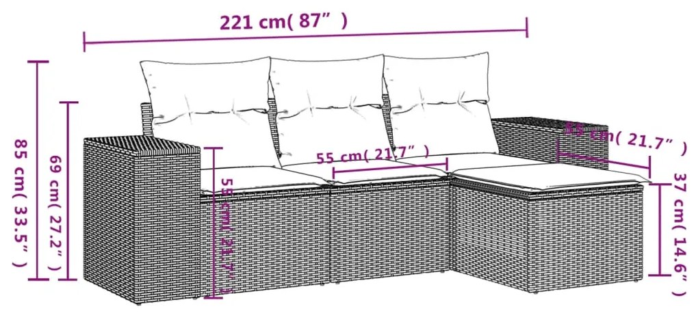 Set divano da giardino 4pz con cuscini grigio chiaro polyrattan