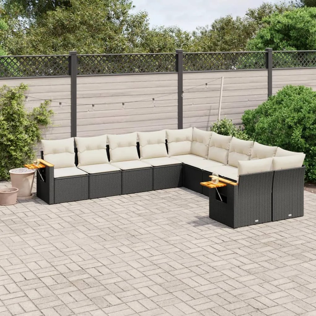 Set divani da giardino 10pz con cuscini in polyrattan nero