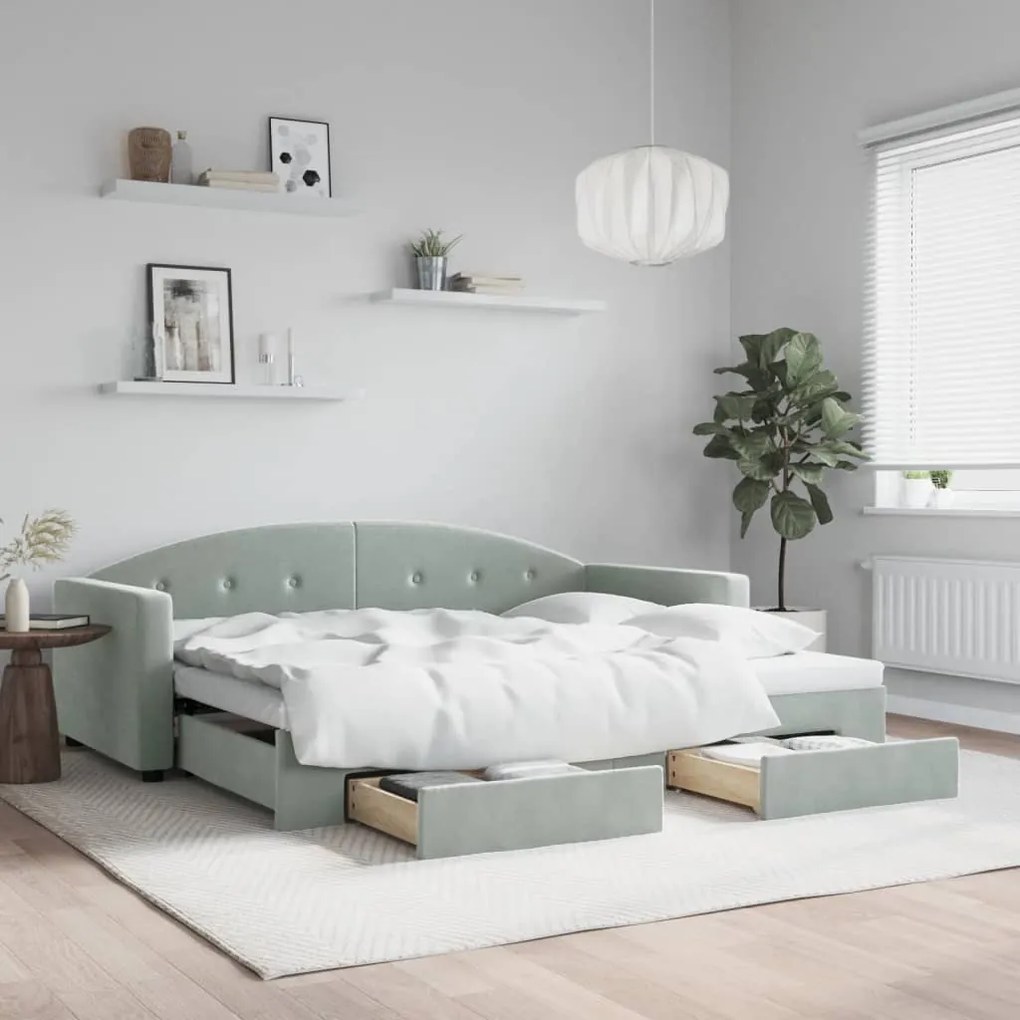 Divano Letto Estraibile Cassetti Grigio Chiaro 90x190cm Velluto /