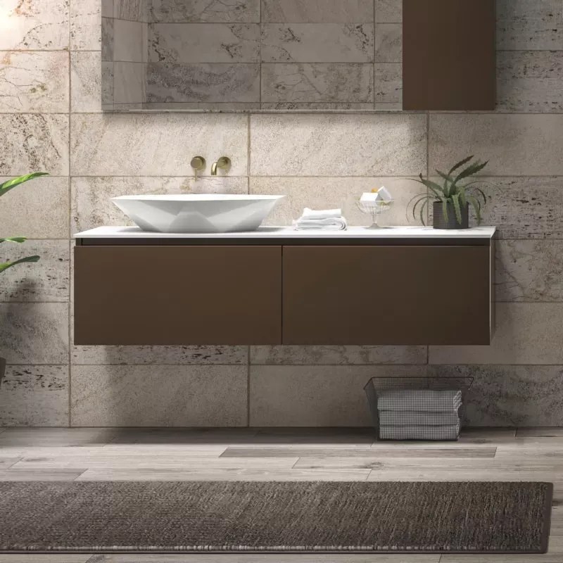 Mobile bagno sospeso 155 cm con piano da appoggio in solid surface bianco e doppio cassetto SP-155 - KAMALU