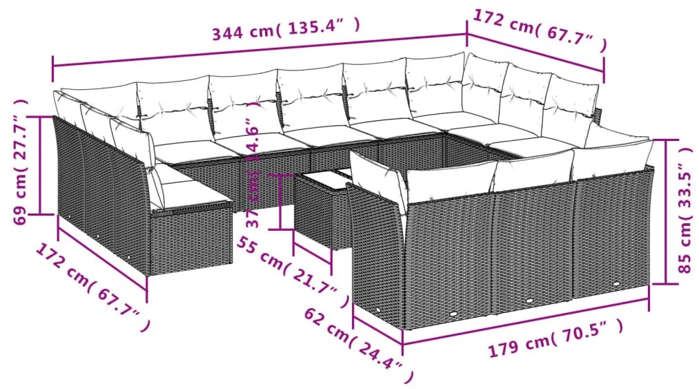 Set divani da giardino 14pz con cuscini in polyrattan nero