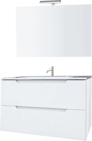 Mobile Da Bagno Cannettato 80 Cm Con Lavabo Specchio E Led LINE - Bianco Lucido