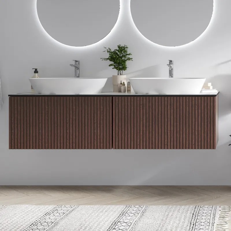Mobile bagno sospeso 160cm cannettato piano bianco KDS-160P - KAMALU