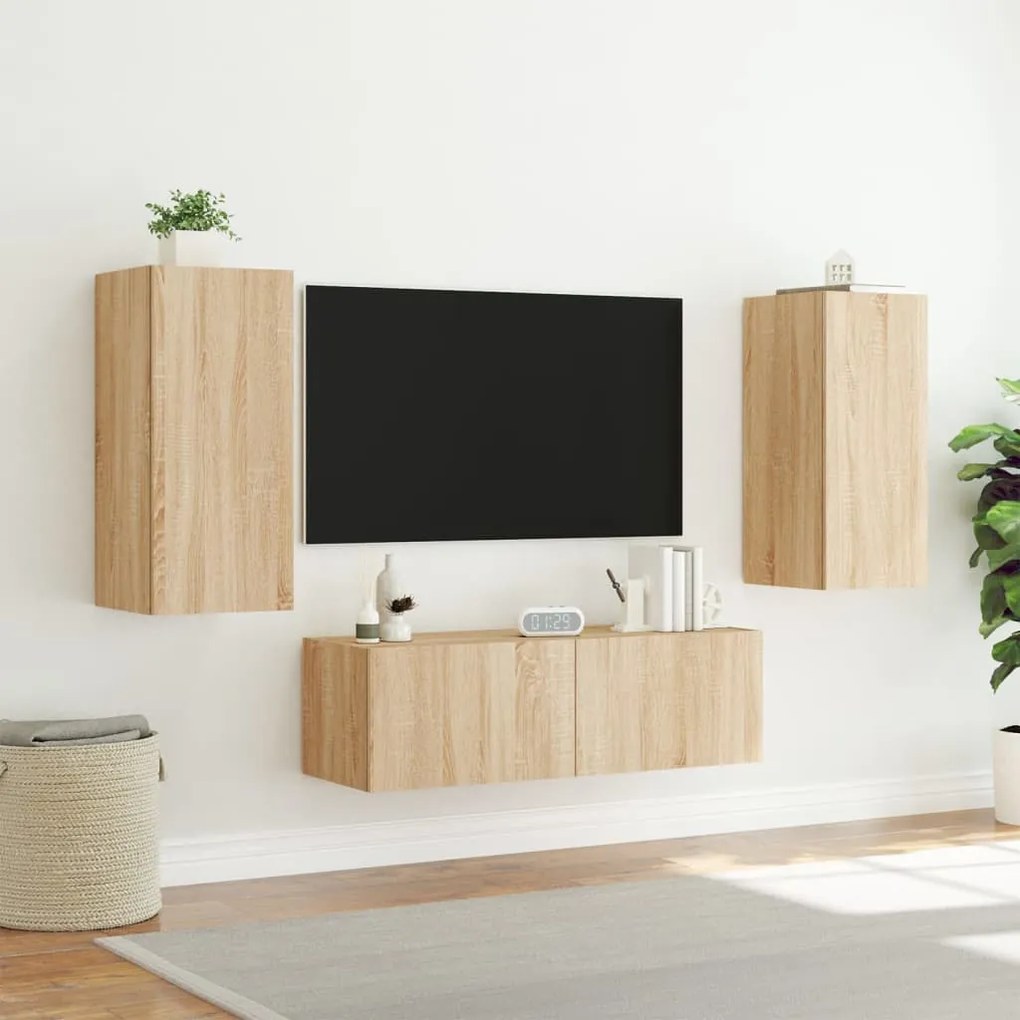 Mobili tv a muro 3pz con luci led rovere sonoma