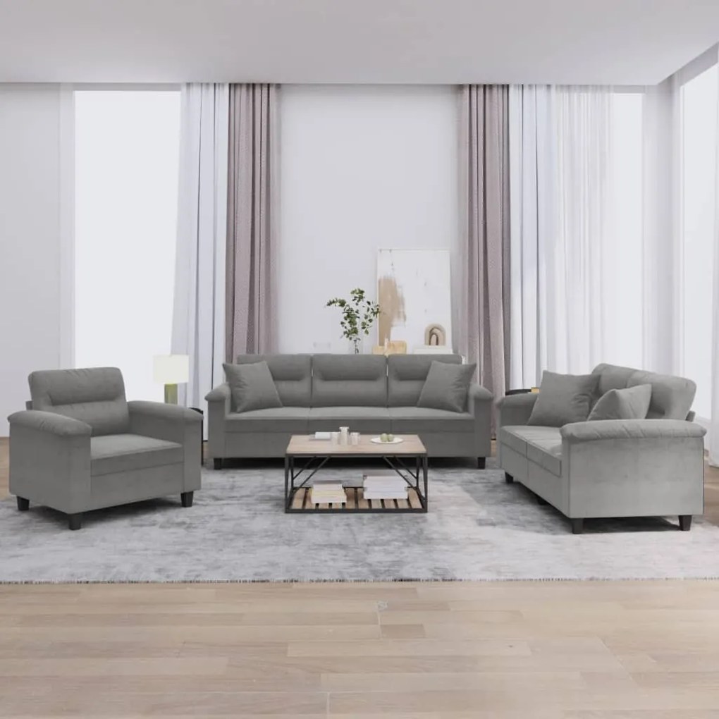 Set Divani 3 Pz Con Cuscini Grigio Scuro İn Tessuto Microfibra /