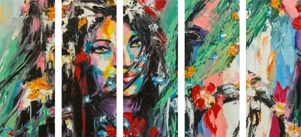 Quadri 5 pezzi – Pittura a olio di donna e cavallo