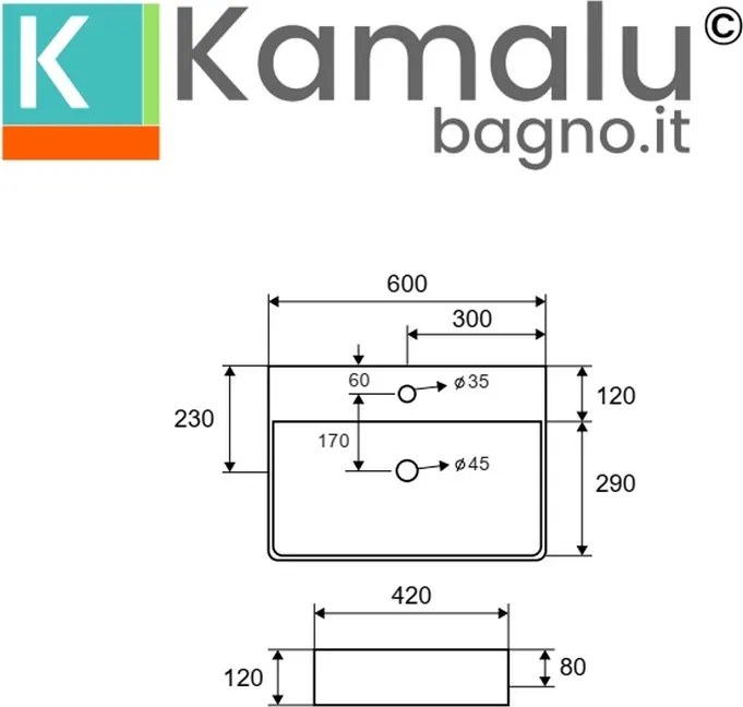 Lavabo appoggio filo muro 60cm ceramica bianca | Litos-0005 - KAMALU