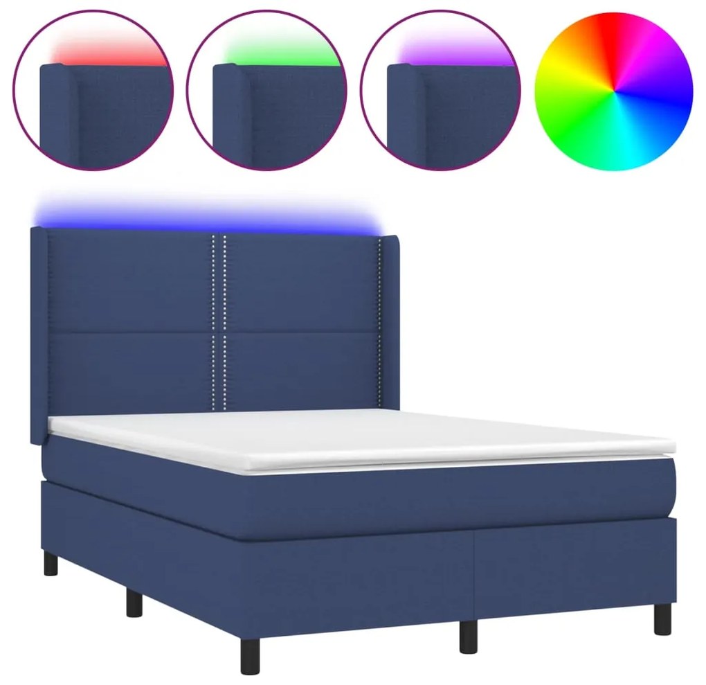 Letto a Molle con Materasso e LED Blu 140x190 cm in Tessuto