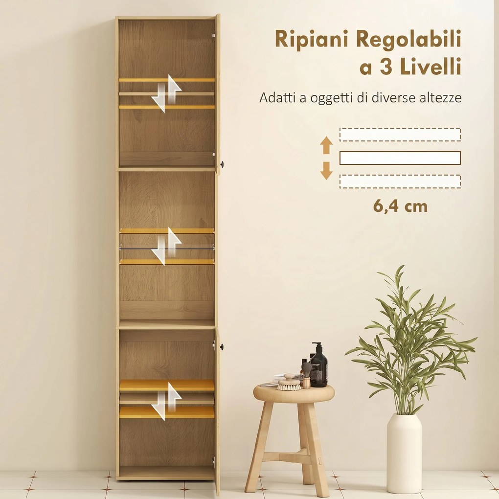 Mobile da Bagno a Colonna Slim 40x31x182H cm 6 Ripiani 2 Ante e Ripiano in Vetro Temperato in MDF Rovere...