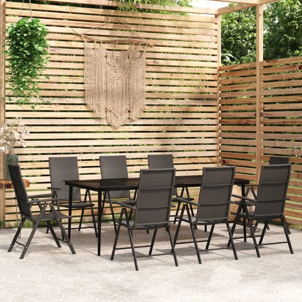 Set da pranzo per giardino 9 pz con cuscini nero