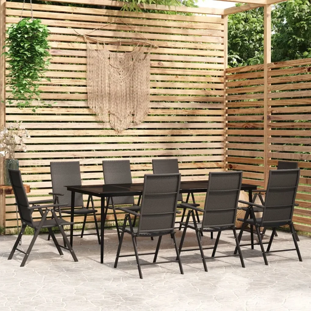 Set da pranzo per giardino 9 pz con cuscini nero