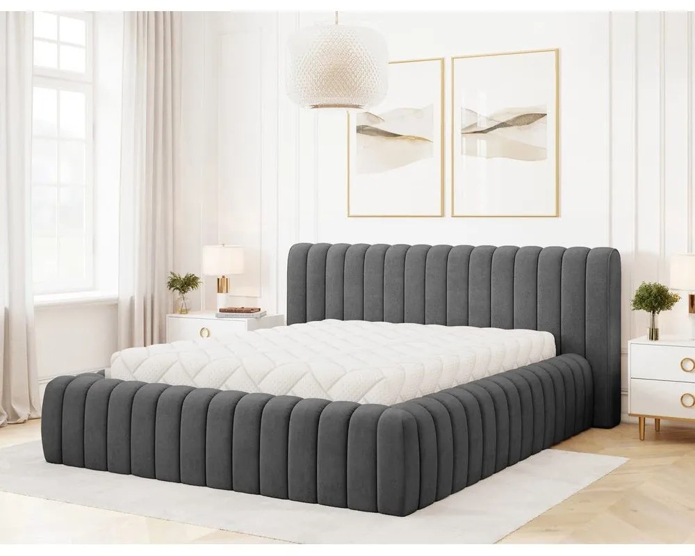 Letto matrimoniale imbottito grigio scuro con contenitore e rete inclusi 140x200 cm Carilla – ELTAP