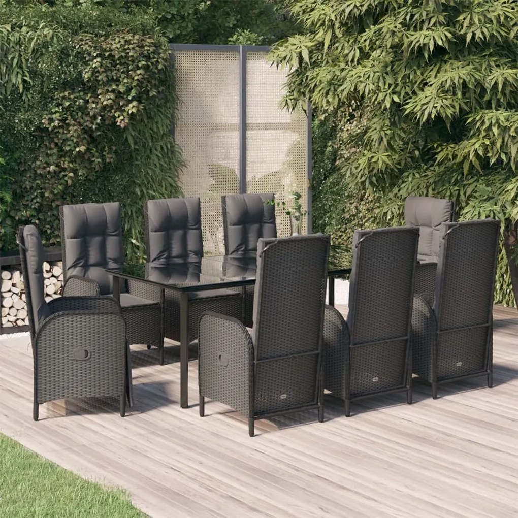 Set da pranzo da giardino 9 pz con cuscini nero in polyrattan