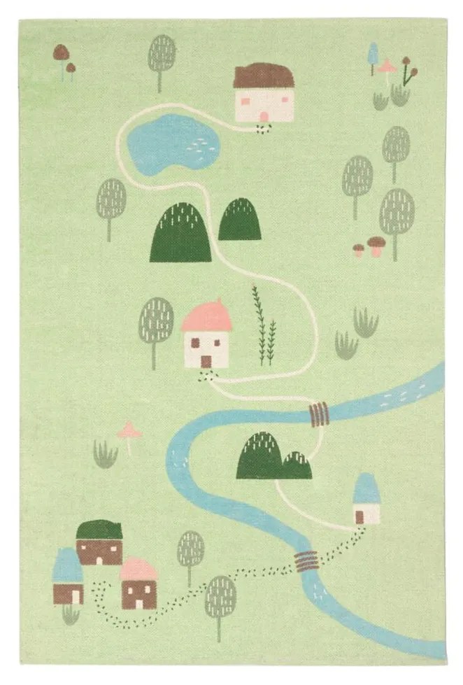 Kave Home - Tappeto Llaru 100% cotone verde case e alberi multicolore 90 x 130 cm