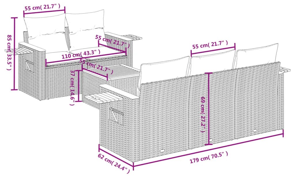 Set divano da giardino 6 pz con cuscini grigio in polyrattan