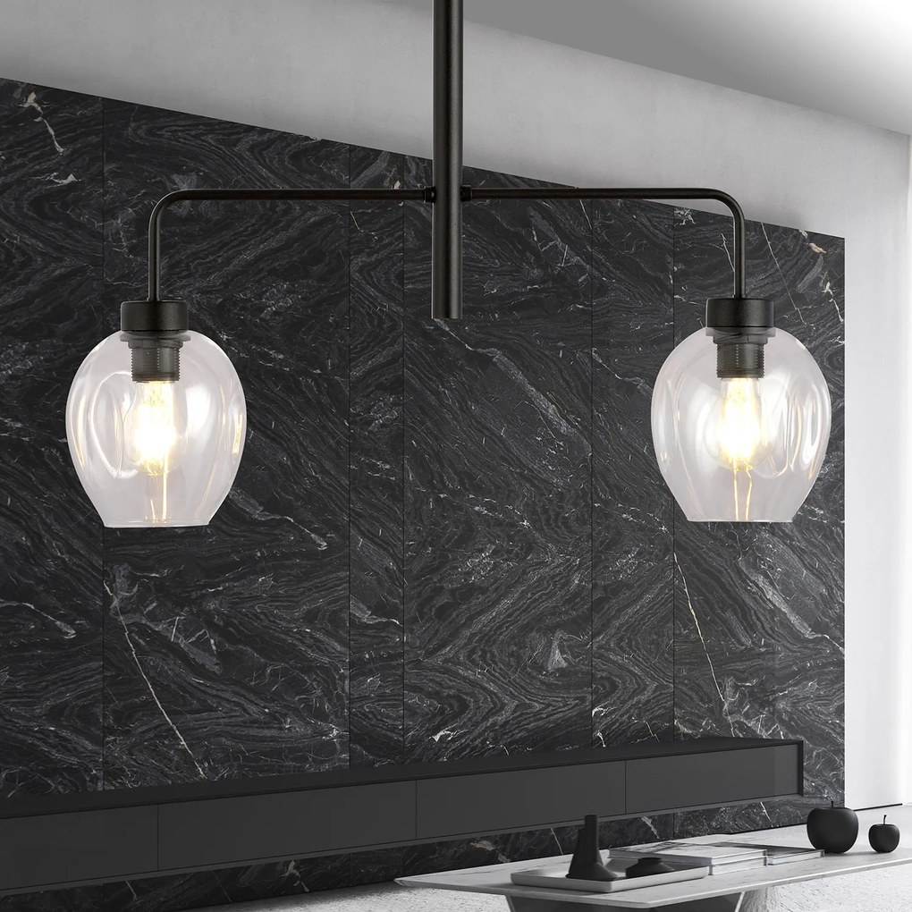 Lampadario Moderno 2 Luci Auriga In Accaio Nero E Vetro Trasparente