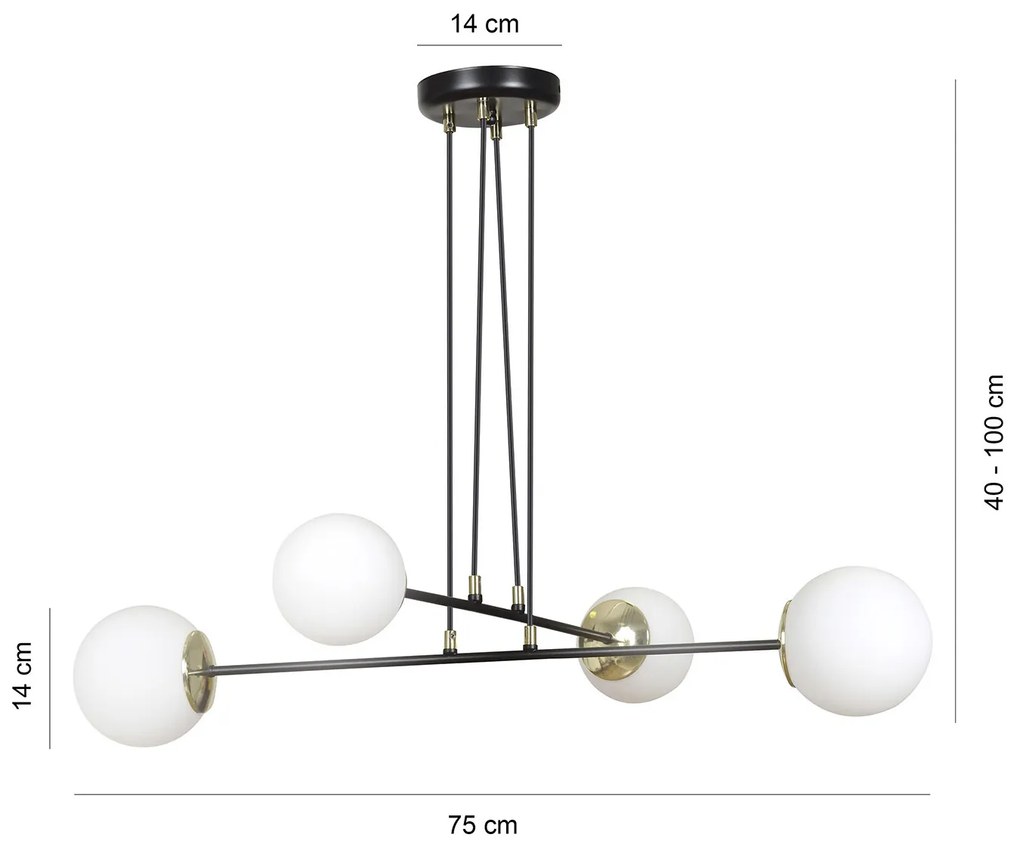 Lampadario Moderno 4 Luci Tsukuyomi In Acciaio Nero E Oro E Vetro A Sfera Opale