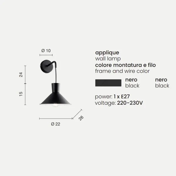Applique D22 cm ELIO in metallo verniciato Nero