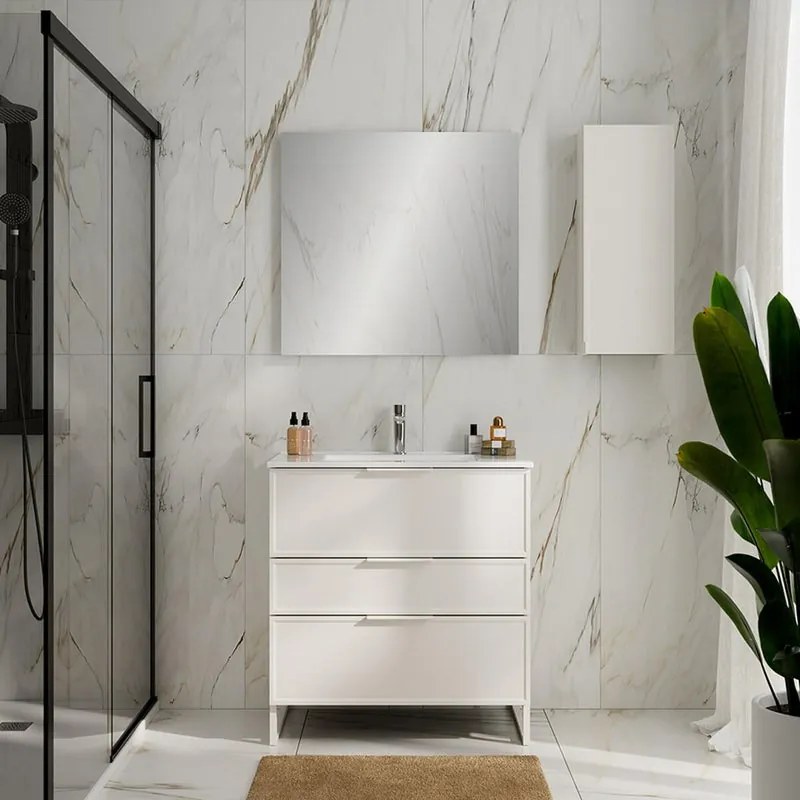 Pensile Quadra L30 H75 P16 bianco opaco laccato con 1 anta reversibile , dotata di maniglia in alluminio laccato bianco, e 2 ripiani vetro