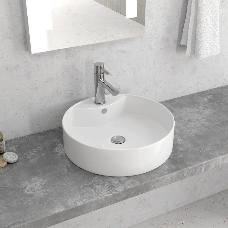 New Line O2 Lavabo Tondo 46,5 Cm Da Appoggio con bordo rubinetteria In Porcellana Bianco