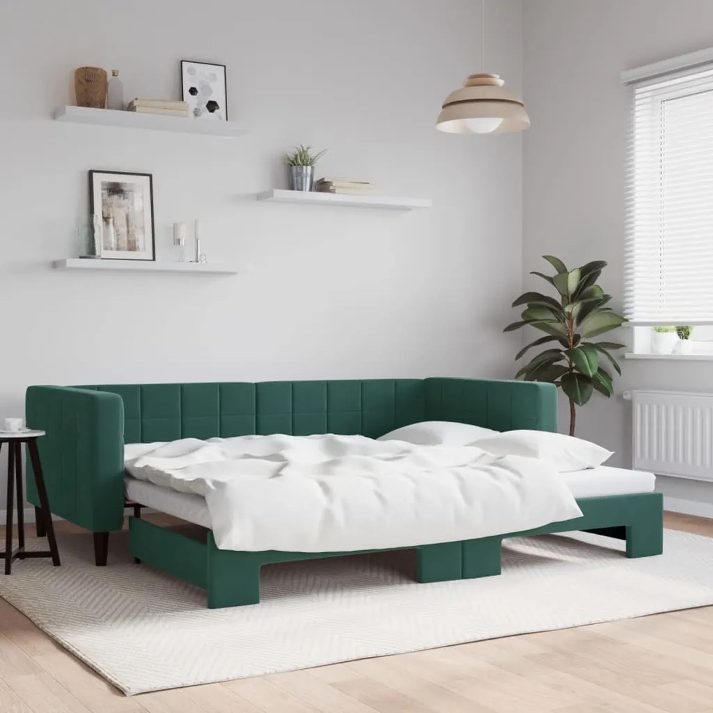 Divano letto con letto estraibile verde scuro 90x200cm velluto