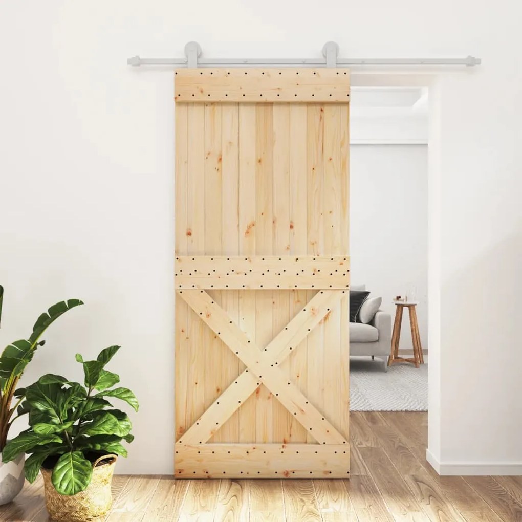 Porta Scorrevole Con Set Hardware 90x210 Cm Legno Massello Pino /