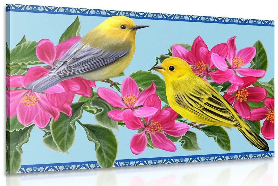 Quadro su tela – Uccellini e fiori in versione vintage